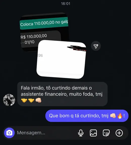 Print de conversa no Instagram: a pessoa mostra um lançamento feito no Senhor Alfred e escreve “Fala irmão, tô curtindo demais o assistente financeiro, muito foda, tmj”, com a resposta “Que bom q tá curtindo, tmj!”