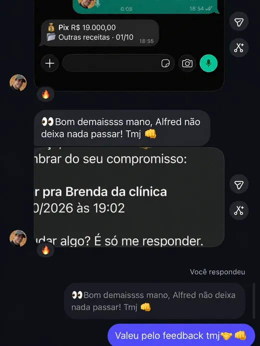 Print de conversa no Instagram: a pessoa mostra o Senhor Alfred registrando um Pix e mandando um lembrete, e escreve “Bom demaissss mano, Alfred não deixa nada passar! Tmj”, com a resposta “Valeu pelo feedback tmj”