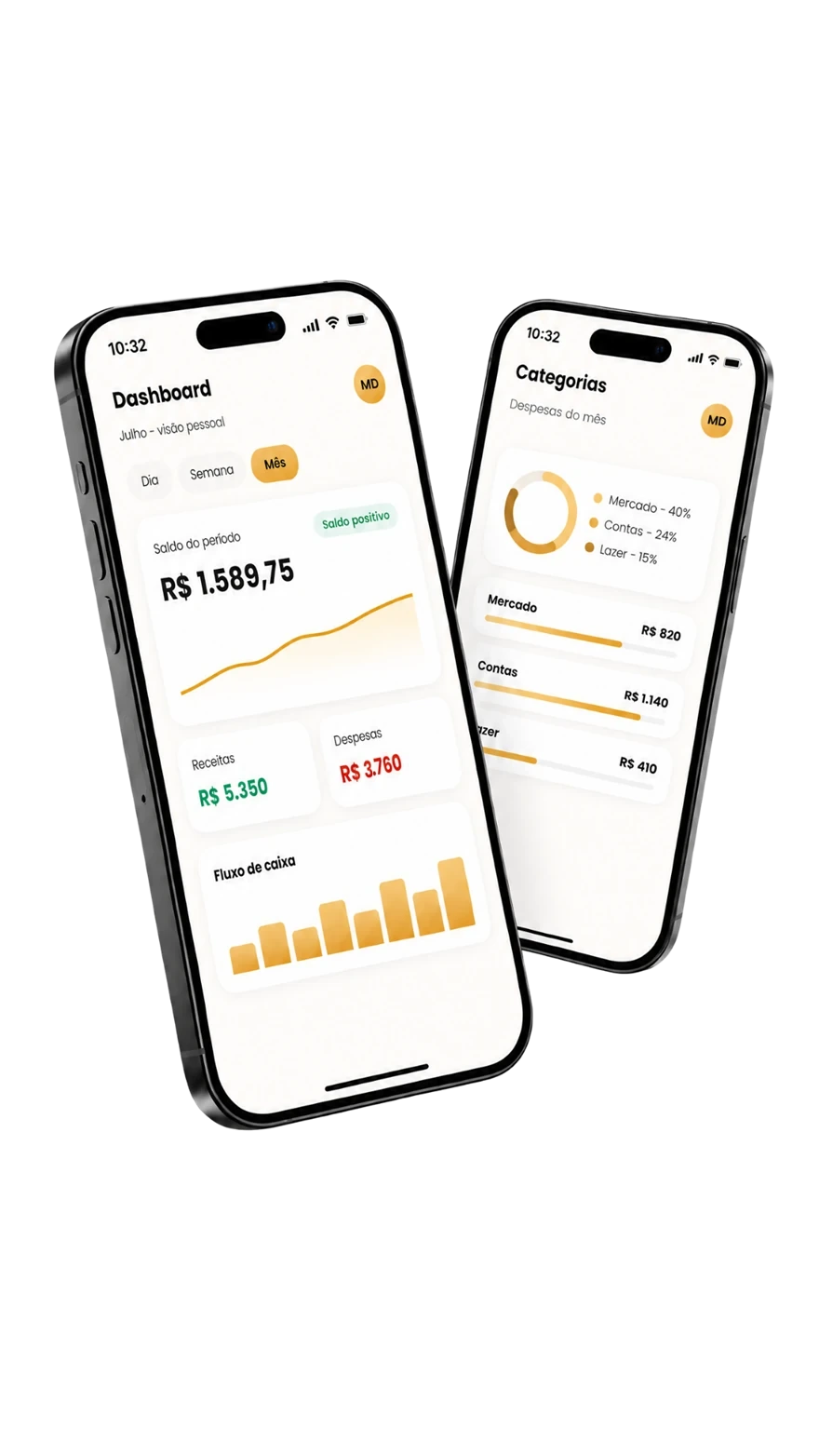 Dois celulares com o painel do Senhor Alfred: saldo do período, receitas, despesas, fluxo de caixa e gastos por categoria